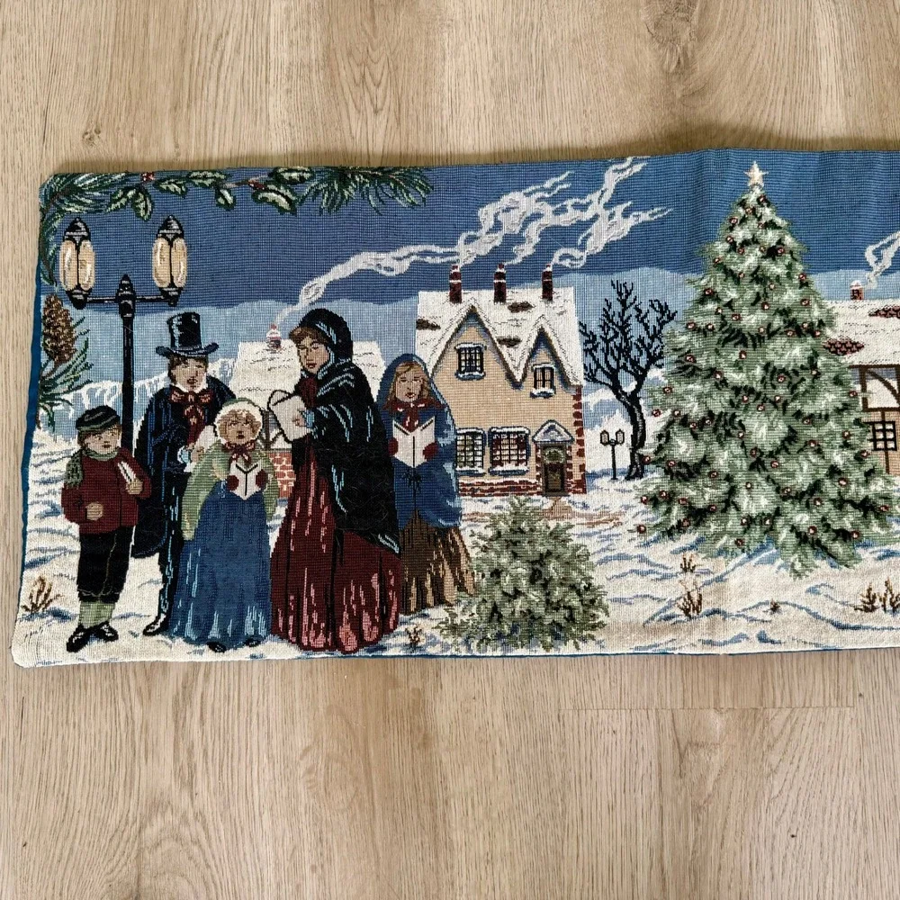 Vintage Christmas‎ Tapestry Table Runner Victorian Village Sleigh Carolers Blue